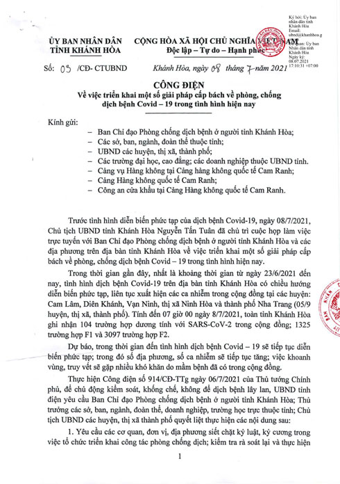 CÔNG ĐIỆN CỦA UBND TỈNH KHÁNH HÒA VỀ VIỆC TRIỂN KHAI MỘT SỐ GIẢI PHÁP CẤP BÁCH VỀ PHÒNG, CHỐNG DỊCH BỆNH COVID-19 TRONG TÌNH HÌNH HIỆN NAY